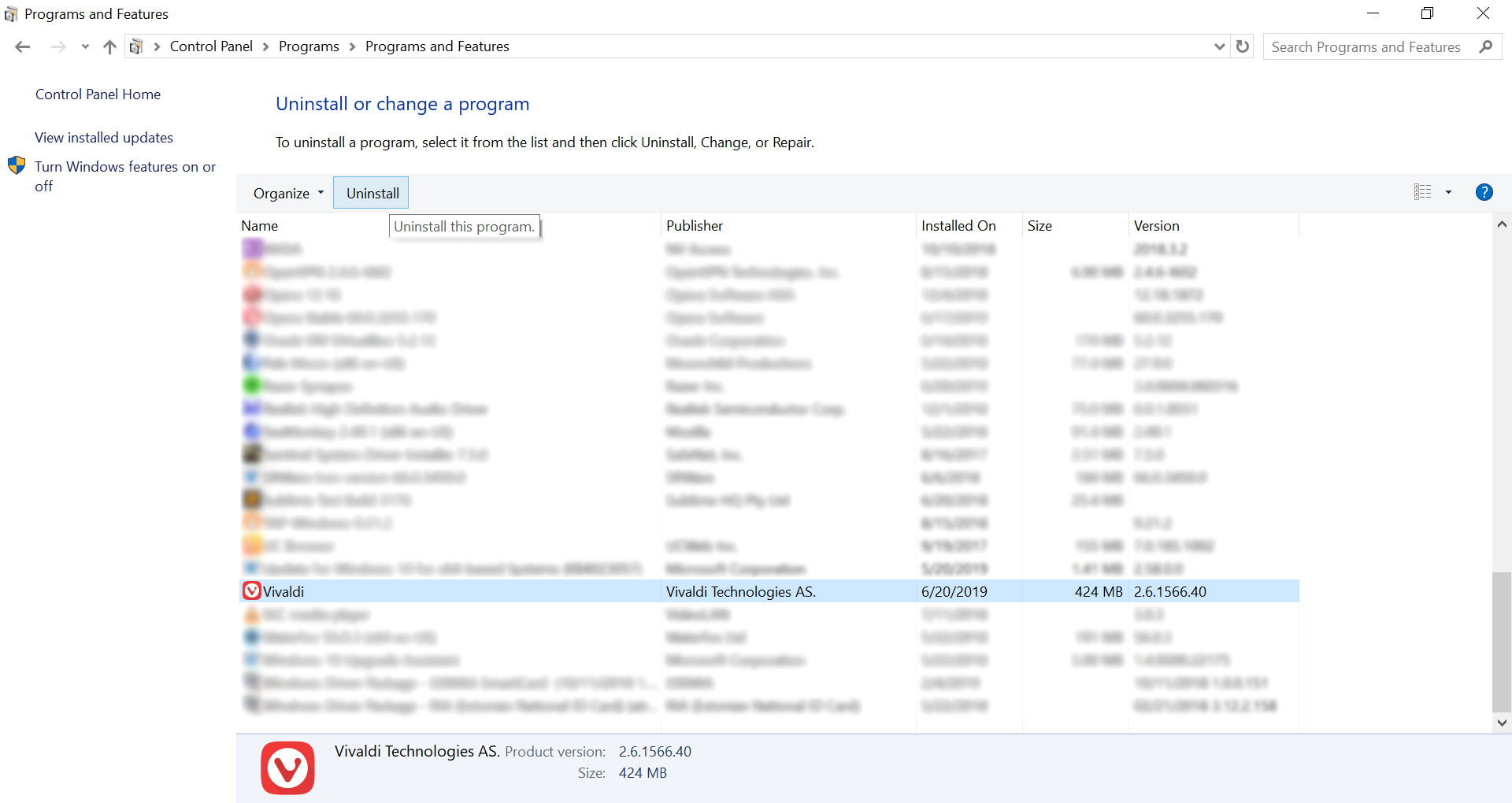 Desinstalar Vivaldi en la antigua interfaz de Windows 10