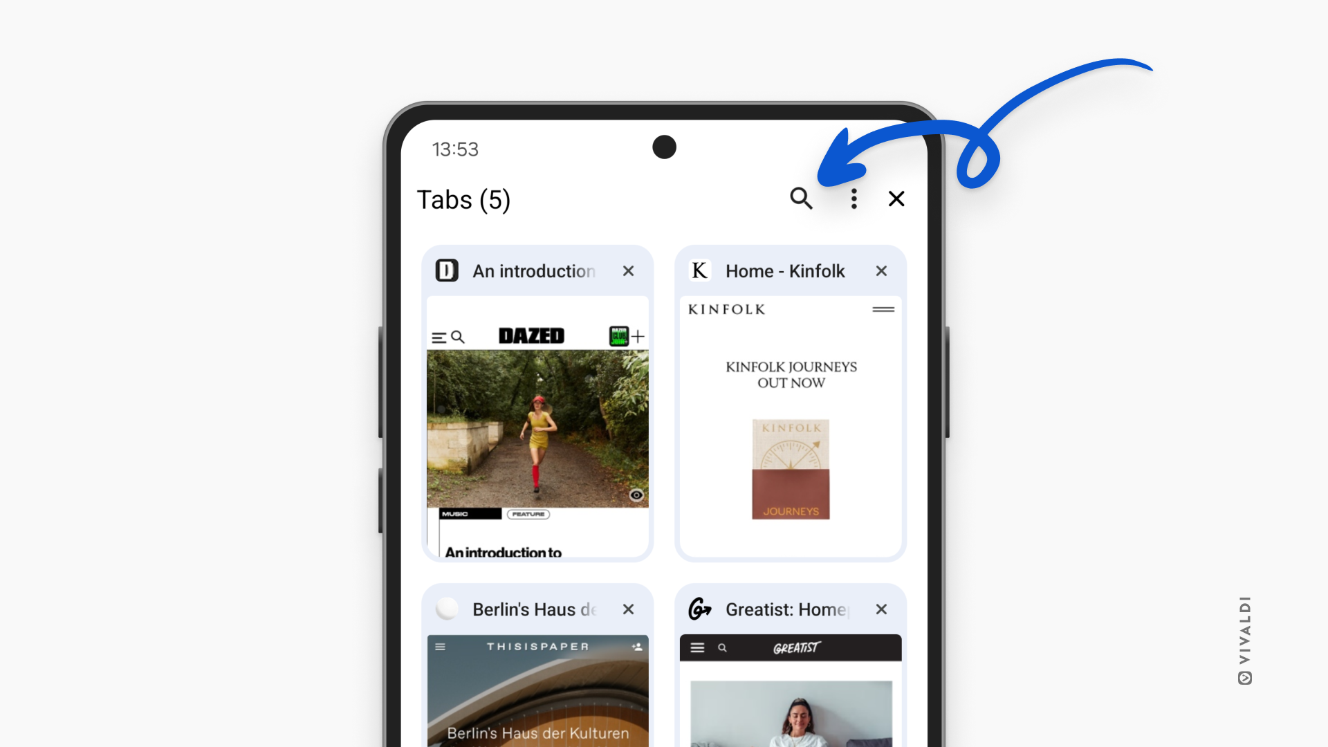 Tab Switcher open in Vivaldi on Android. An arrow is pointing at the Search button.